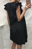 Casual Solid Flounce O Neck Cake Skirt Dresses