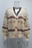 Casual Geometric Patchwork Buckle V Neck Outerwear Sweater