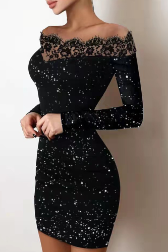 Sexy Bronzing Patchwork Off the Shoulder Pencil Skirt Dresses