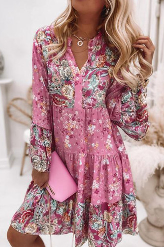 Fashion Casual Print Patchwork V Neck Cake Skirt Dresses