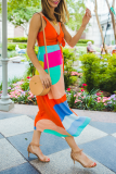 Casual Print Patchwork V Neck Cake Skirt Dresses