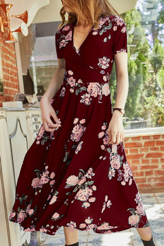 Fashion Elegant Print Patchwork V Neck A Line Dresses