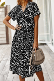Casual Print Patchwork Turndown Collar Waist Skirt Dresses