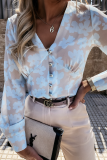 Elegant Print Patchwork Buckle V Neck Tops