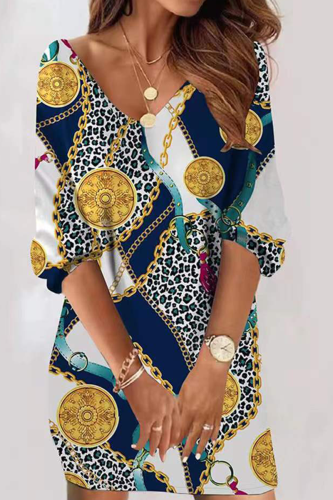 Casual Print Patchwork V Neck Straight Dresses