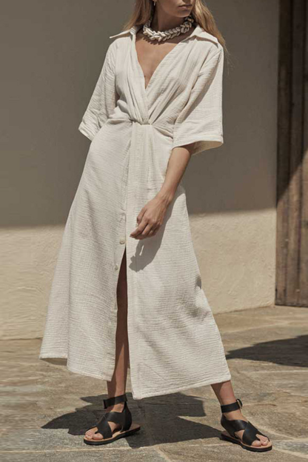 Casual Solid Patchwork Turndown Collar Shirt Dress Dresses