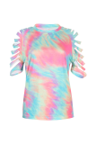 Casual Tie Dye Hollowed Out Patchwork O Neck T-Shirts