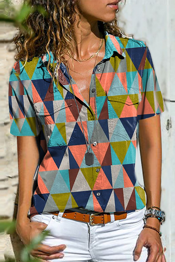 Casual Street Print Patchwork Buckle Shirt Collar Tops