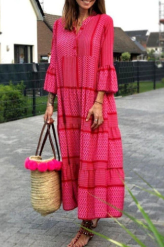 Fashion Sweet Geometric Patchwork V Neck Princess Dresses