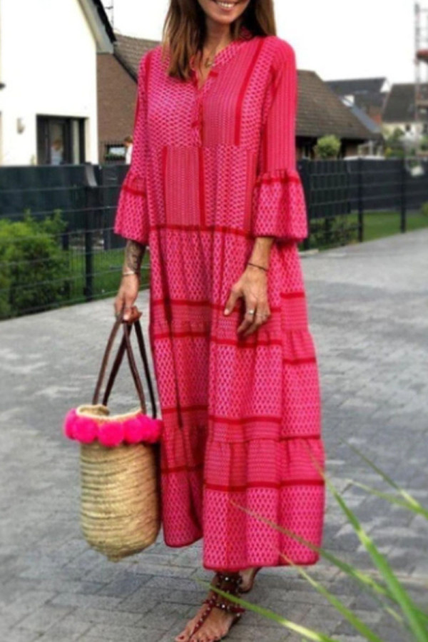 Fashion Sweet Geometric Patchwork V Neck Princess Dresses