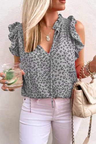Casual Leopard Flounce V Neck T-Shirts