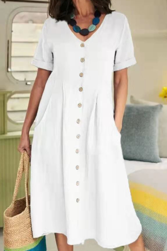 Casual Solid Buckle V Neck Straight Dresses