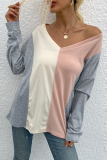 Casual Patchwork Contrast V Neck Tops