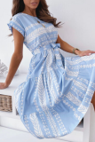 Casual Print Patchwork O Neck Waist Skirt Dresses