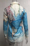 Casual Print Patchwork Buckle Turndown Collar Tops