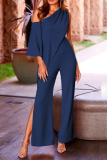Fashion Solid Patchwork One Shoulder Boot Cut Jumpsuits