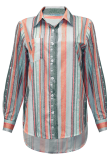 Casual Striped Patchwork Turndown Collar Tops
