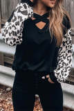 Casual Leopard Hollowed Out Patchwork V Neck Tops