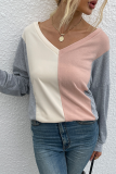 Casual Patchwork Contrast V Neck Tops
