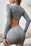 Fashion Street Solid Fold Turtleneck Wrapped Skirt Dresses
