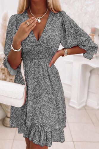 Casual Print Patchwork V Neck Waist Skirt Dresses
