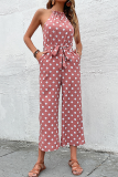 Fashion Dot Patchwork Halter Straight Jumpsuits