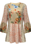 Fashion Print Patchwork Contrast O Neck Tops