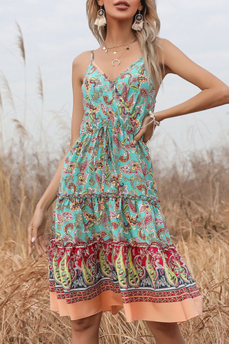 Fashion Street Print Patchwork V Neck A Line Dresses