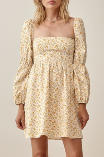Fashion Sweet Floral Patchwork Square Collar Waist Skirt Dresses
