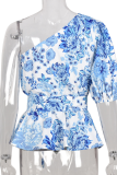Casual Print Patchwork One Shoulder T-Shirts