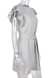 Casual Solid Flounce O Neck Waist Skirt Dresses