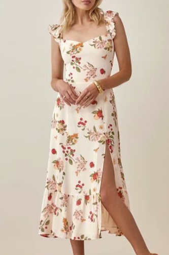 Elegant Floral Flounce Slit Strapless A Line Dresses