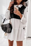 Elegant Patchwork Flounce Contrast Turndown Collar A Line Dresses