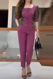 Fashion Leopard Patchwork Square Collar Short Sleeve Two Pieces