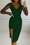 Sexy Solid Mesh V Neck Pencil Skirt Dresses