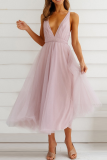 Casual Solid Mesh V Neck Cake Skirt Dresses