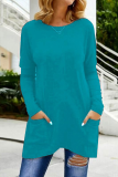 Casual Solid Patchwork Pocket O Neck Tops