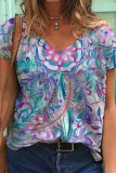 Casual Print Patchwork V Neck T-Shirts