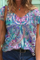 Casual Print Patchwork V Neck T-Shirts