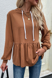 Casual Solid Draw String Fold Hooded Collar Tops