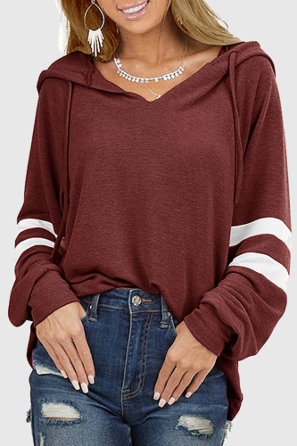 Casual Striped Patchwork Draw String Hooded Collar Tops