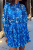 Casual Print Patchwork Turndown Collar Cake Skirt Dresses