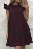 Casual Solid Flounce O Neck Cake Skirt Dresses