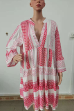 Casual Print Patchwork V Neck Cake Skirt Dresses