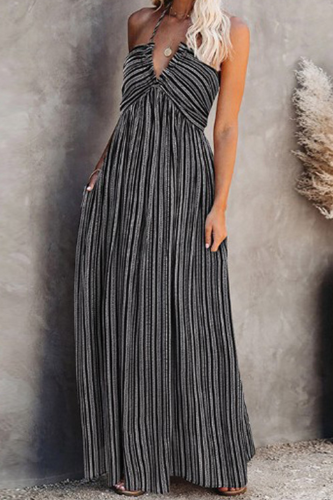 Casual Striped Patchwork Halter Cake Skirt Dresses