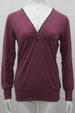 Work Solid Patchwork Zipper V Neck Tops