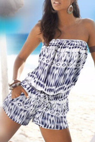 Casual Print Patchwork Strapless Straight Rompers