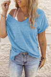 Fashion Street Solid Patchwork V Neck T-Shirts