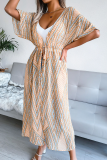 Casual Print Patchwork Cardigan Collar Waist Skirt Dresses