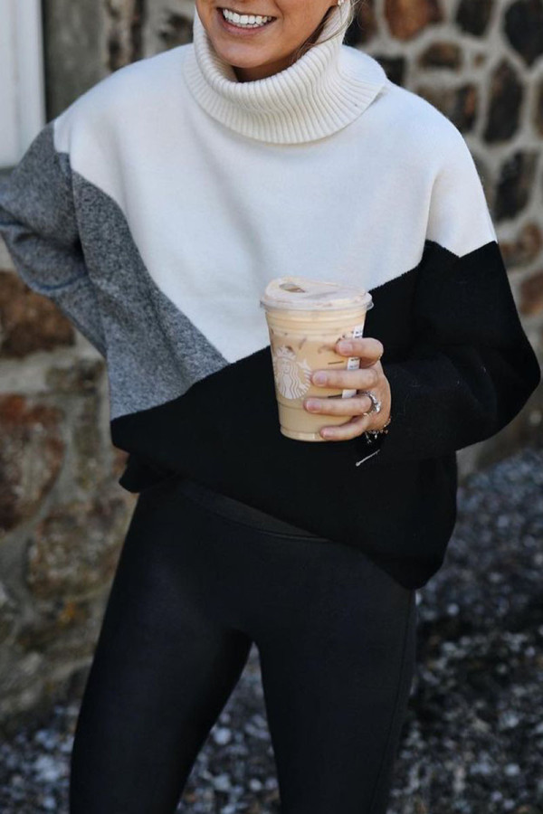 Fashion Casual Solid Patchwork Turtleneck Tops